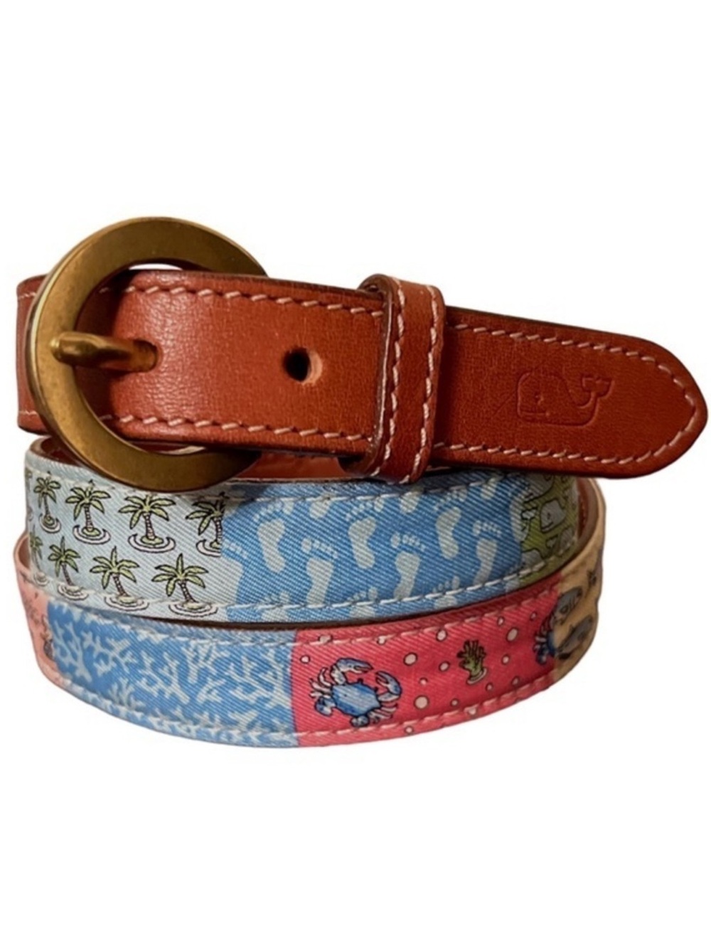 Vineyard Vines Patchwork Silk belt brown leather trim EUC